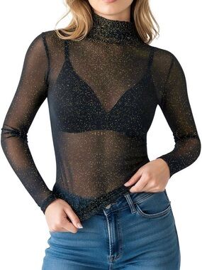 Mango Sheer Black Long-Sleeve Mock Neck Top with Gold Sparkle